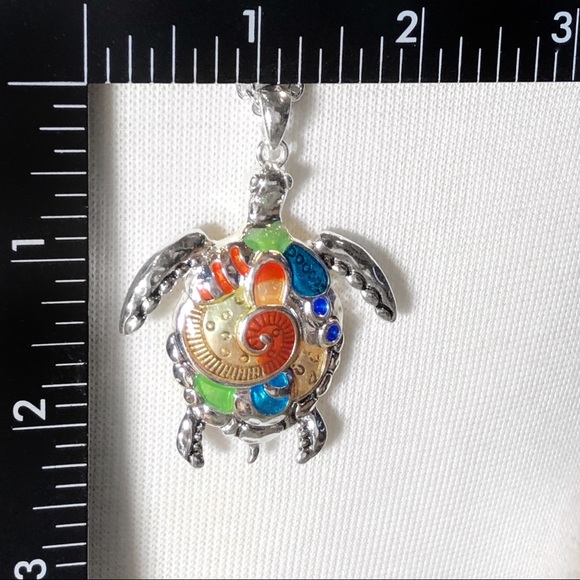 Multicolor Painted Sea Turtle Long Silver Necklace - Picture 2 of 3